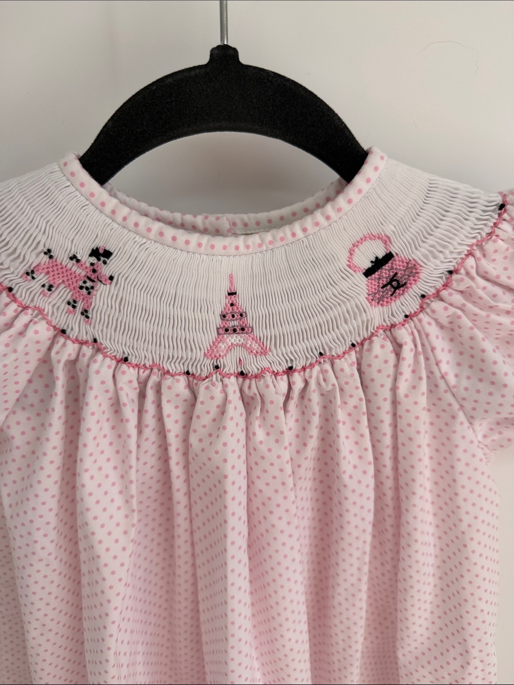 Classic Whimsy Parisian Eiffel Tower poodle embroidered smocked polka dot dress - Picture 2 of 8